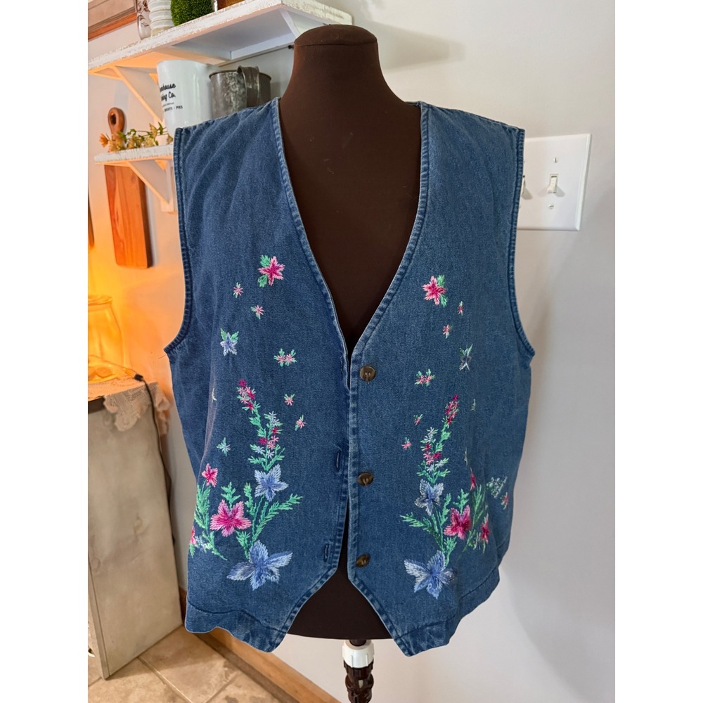 Tanjay Denim Vest women's size 14 Vintage Floral Embroider Cotton Boho 90s Y2K